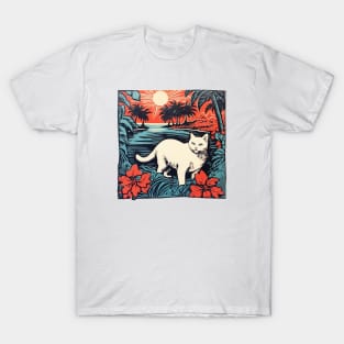 Hawaiian Linocut Cat T-Shirt